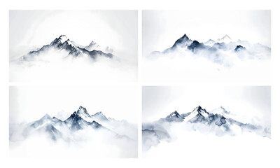 Minimalist watercolor painting of snow-capped mountains