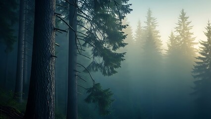 Obraz premium Dense Foggy Forest at Dawn with Sunlight Through Trees