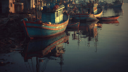 Fishing Boats Docked at Sunset