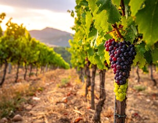 Naklejka premium Close-up of grapes on vine in a vineyard at sunset