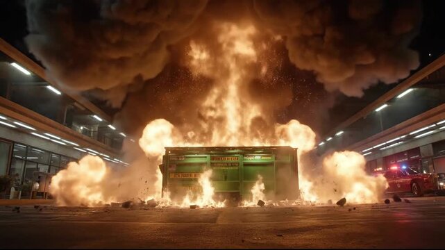 A dramatic explosion from a burning dumpster in an urban setting.