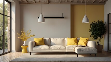 Beautiful and large living room interior with hardwood floors, fluffy rug and designer furniture. Modern mid century and minimalist interior of living room 