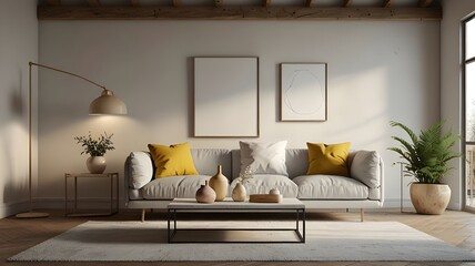 Beautiful and large living room interior with hardwood floors, fluffy rug and designer furniture. Modern mid century and minimalist interior of living room 