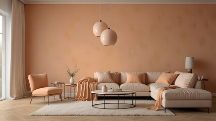 Beautiful and large living room interior with hardwood floors, fluffy rug and designer furniture. Modern mid century and minimalist interior of living room 