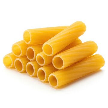 Pile of uncooked rigatoni pasta on white background