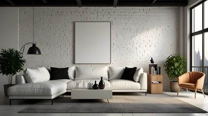 Beautiful and large living room interior with hardwood floors, fluffy rug and designer furniture. Modern mid century and minimalist interior of living room 