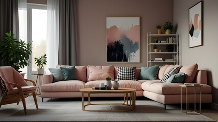 Beautiful and large living room interior with hardwood floors, fluffy rug and designer furniture. Modern mid century and minimalist interior of living room 