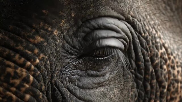 Close view of an elephant's eye showing details of skin and iris in a natural setting during daytime