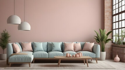 Beautiful and large living room interior with hardwood floors, fluffy rug and designer furniture. Modern mid century and minimalist interior of living room 