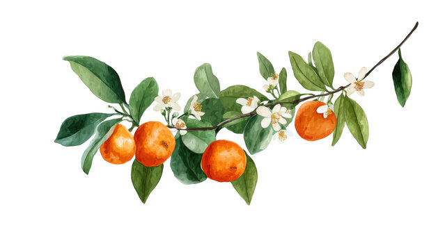 Branch with ripe mandarins, green leaves, blossoms, AI, PNG