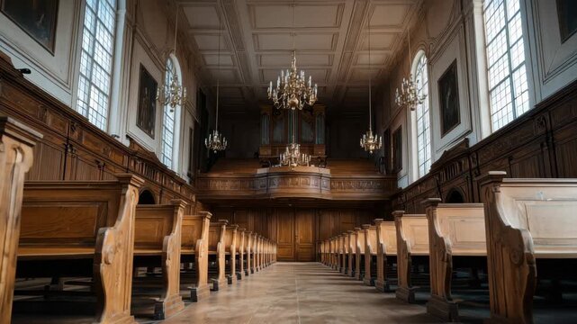 Wooden benches arranged in a church interior during daylight with chandeliers hanging above