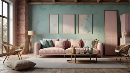 Beautiful and large living room interior with hardwood floors, fluffy rug and designer furniture. Modern mid century and minimalist interior of living room 