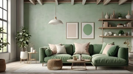 Beautiful and large living room interior with hardwood floors, fluffy rug and designer furniture. Modern mid century and minimalist interior of living room 