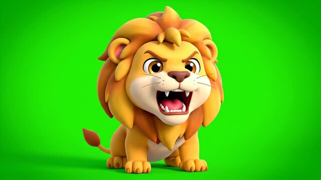 Vibrant 3D cartoon lion character with an aggressive roar, showcasing powerful strength and dynamic energy on a green screen