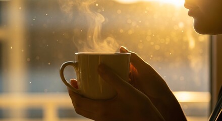 Woman's hands holding a steaming cup of hot beverage against a warm sunlit background