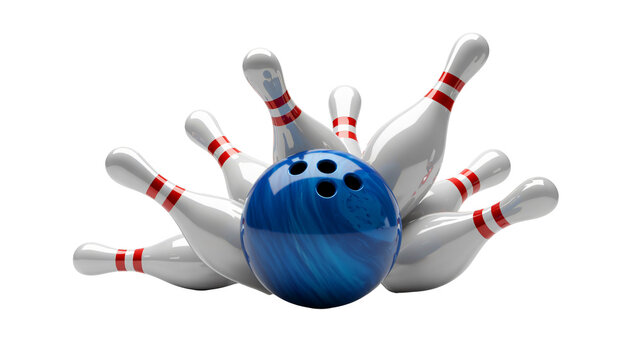 Dynamic 3d rendering of a blue bowling ball striking white pins in a dramatic moment of impact