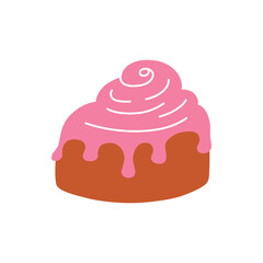 Flat cartoon vector illustration of rolled pastry bun with pink icing, sweet bakery theme, cozy dessert mood, simple cute style for food packaging, cafe graphics and playful culinary designs