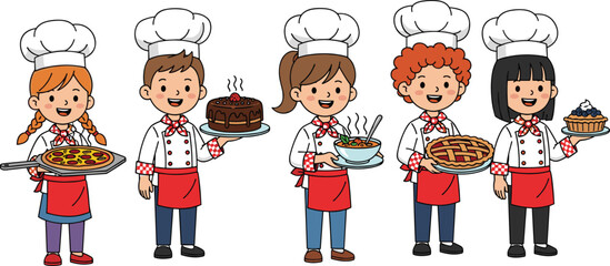 Cute cartoon kids chefs cooking food, children baker illustration, young cooks holding pizza cake soup pie cupcake, cooking class, bakery kitchen, food education