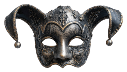 Ornate jester mask with golden accents and pointed ears isolated on transparent background