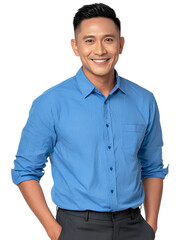 a photo of the famous tv host, cantiq, in his blue shirt and dark trousers, smiling at the camera, with a transparent background.
