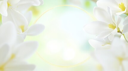 Fototapeta premium Elegant white flower in golden circular frame decoration delicate white blossom showcased within shiny gold ring