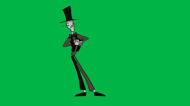Elegant gentleman in top hat and suit dancing gracefully on green screen chromakey background. Ideal for 2d animated cartoon animation vintage, formal, or sophisticated dance scenes.