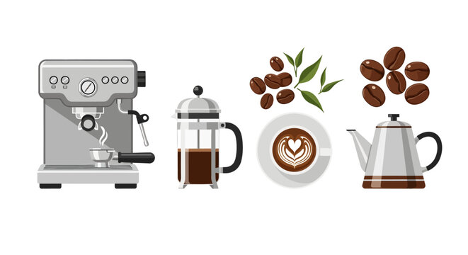 Coffee equipment and coffee beans arranged on a clean white background showcasing various coffee-making methods and accessories in a flat illustration style