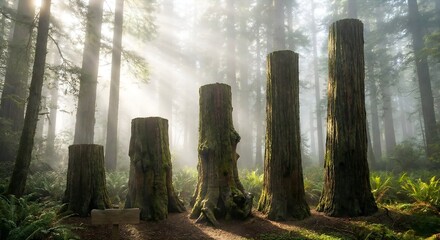 A bar chart formed by ancient, massive redwood trees of varying heights, bathed in misty sunlight.