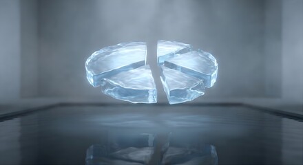 A pie chart where the segments are separated by flowing, luminous water and float individually above a still, reflective surface.