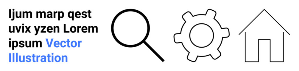 Navigation, usability, technology, SEO, application design, user interface. A magnifying glass, gear and house icons alongside random placeholder text. Navigation and usability concept