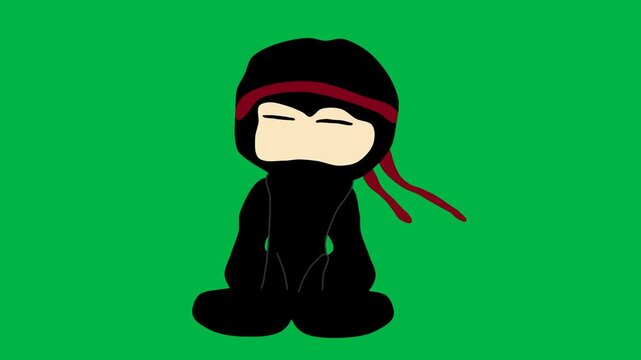 Cute ninja character with red headband standing calmly on green screen chromakey background. Fun for 2d animated cartoon animation martial arts, stealth, or adventure poses.