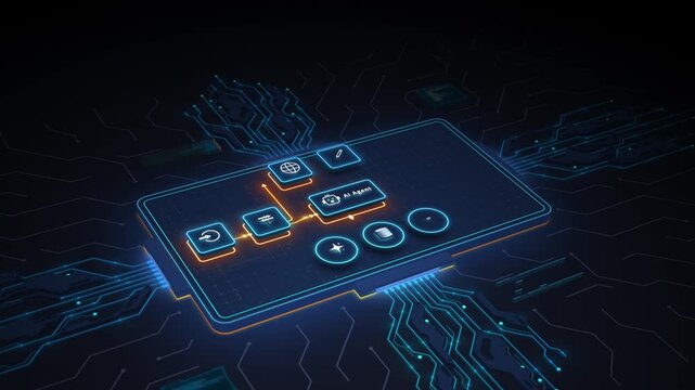 AI agent automation workflow interface with connected nodes on futuristic digital dashboard technology