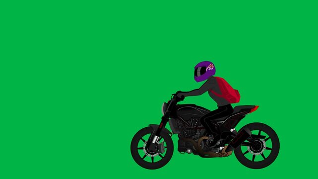 Purple character riding motorcycle dynamically on green screen chromakey background. Perfect for 2d animated cartoon animation action, speed, or adventure travel sequences.