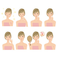 トラブル肌と美肌の女性の色々なポーズ