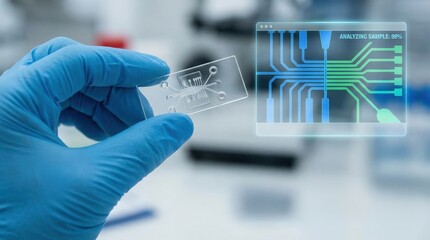 Hand holding a transparent circuit board with digital interface overlay.