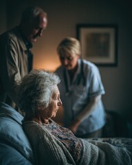 Compassionate Family Supporting Elderly Woman in Bed, Senior Care, Healthcare and Emotional Wellbeing