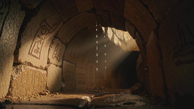 Light rays shining down through a dark stone tunnel with water dripping, revealing ancient hieroglyphics. Mysterious passage concept.