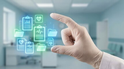 Hand in glove interacting with digital health records and data icons.