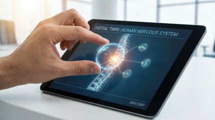 Digital interface displaying human nervous system concept on tablet.
