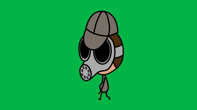 Cute skull character with big eyes and helmet standing on green screen chromakey background. Fun for 2d animated cartoon animation death, pirate, or spooky cute designs.