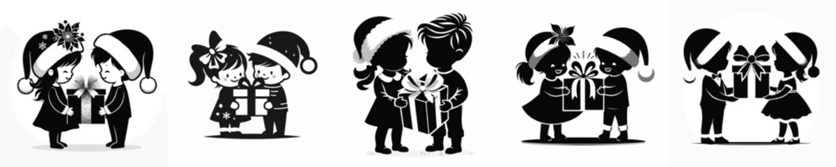 vector silhouette of children holding a gift together