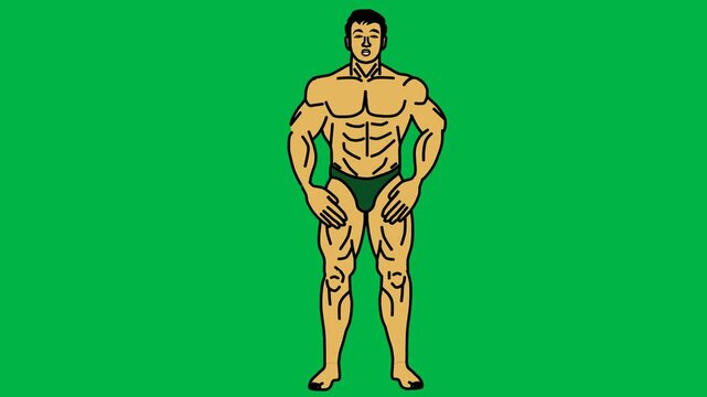 Strong muscular man flexing arms proudly on green screen chromakey background. Suitable for 2d animated cartoon animation power, fitness, or victory celebration poses.