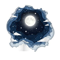 Night sky through a torn paper window
