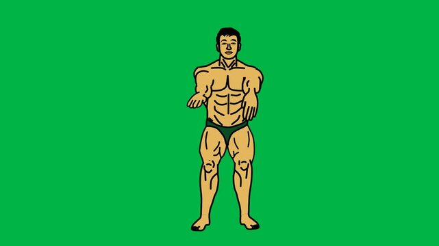 Muscular man standing confidently with hands on hips on green screen chromakey background. Great for 2d animated cartoon animation strength, hero, or bodybuilder poses.