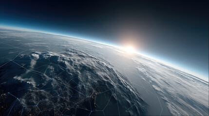 Aerial view of Earth horizon sunrise atmosphere clouds digital grid overlay futuristic technology global peaceful