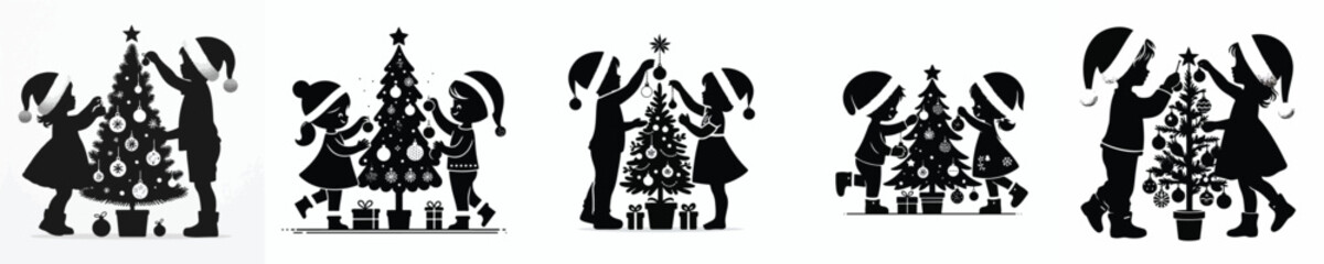 vector silhouette of children decorating a Christmas tree together