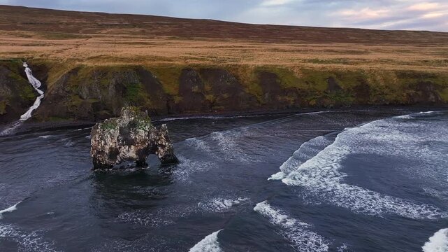 Aerial view of the coastal scenery around Hvitserkur in the north of Iceland