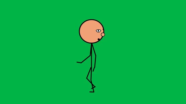 Simple green stick figure running energetically on green screen chromakey background. Ideal for 2d animated cartoon animation minimal, exercise, or basic character motion in educational content.