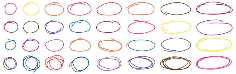 A vibrant collection of various handdrawn marker circles and irregular oval shapes in diverse colors perfect for emphasizing text or graphic elements on any design project