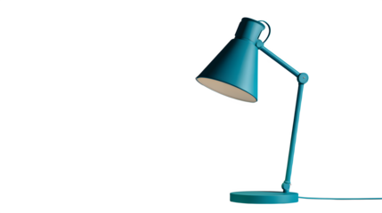 Modern teal blue adjustable desk lamp with conical shade and angled arm on a white background studio shot